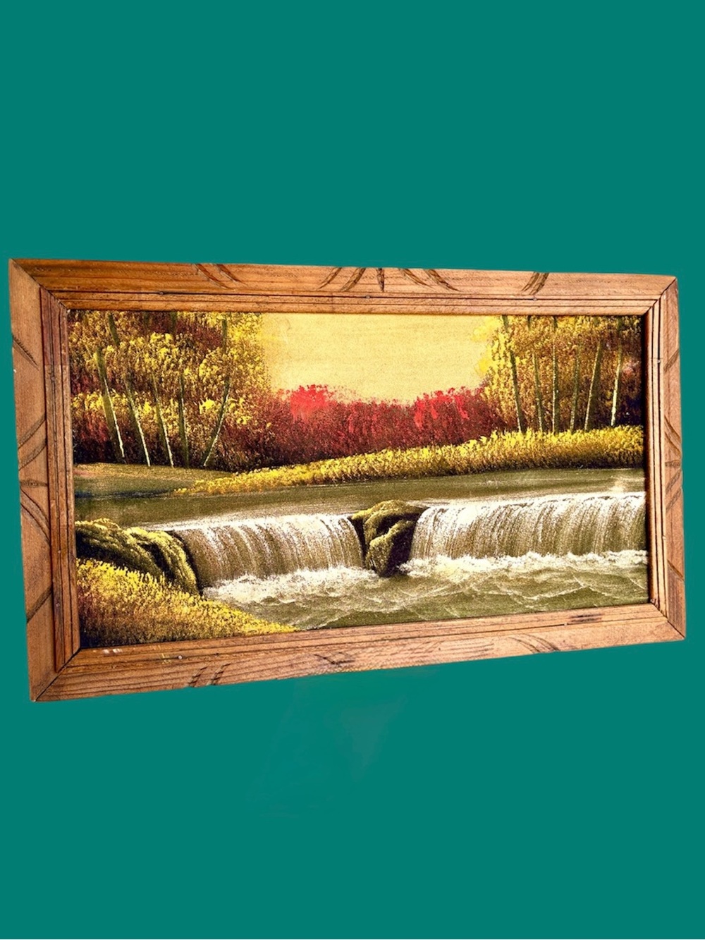 Vintage Painting on Velvet Canvas Wood Framed Fall Trees Waterfall Landscape